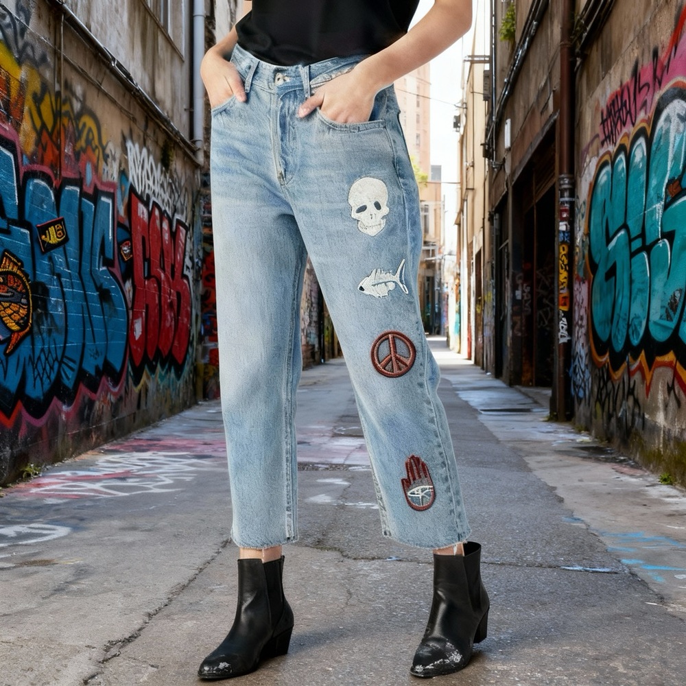 Vintage Request Light Blue Denim Unique Jeans Skull Fish Peace evil eye